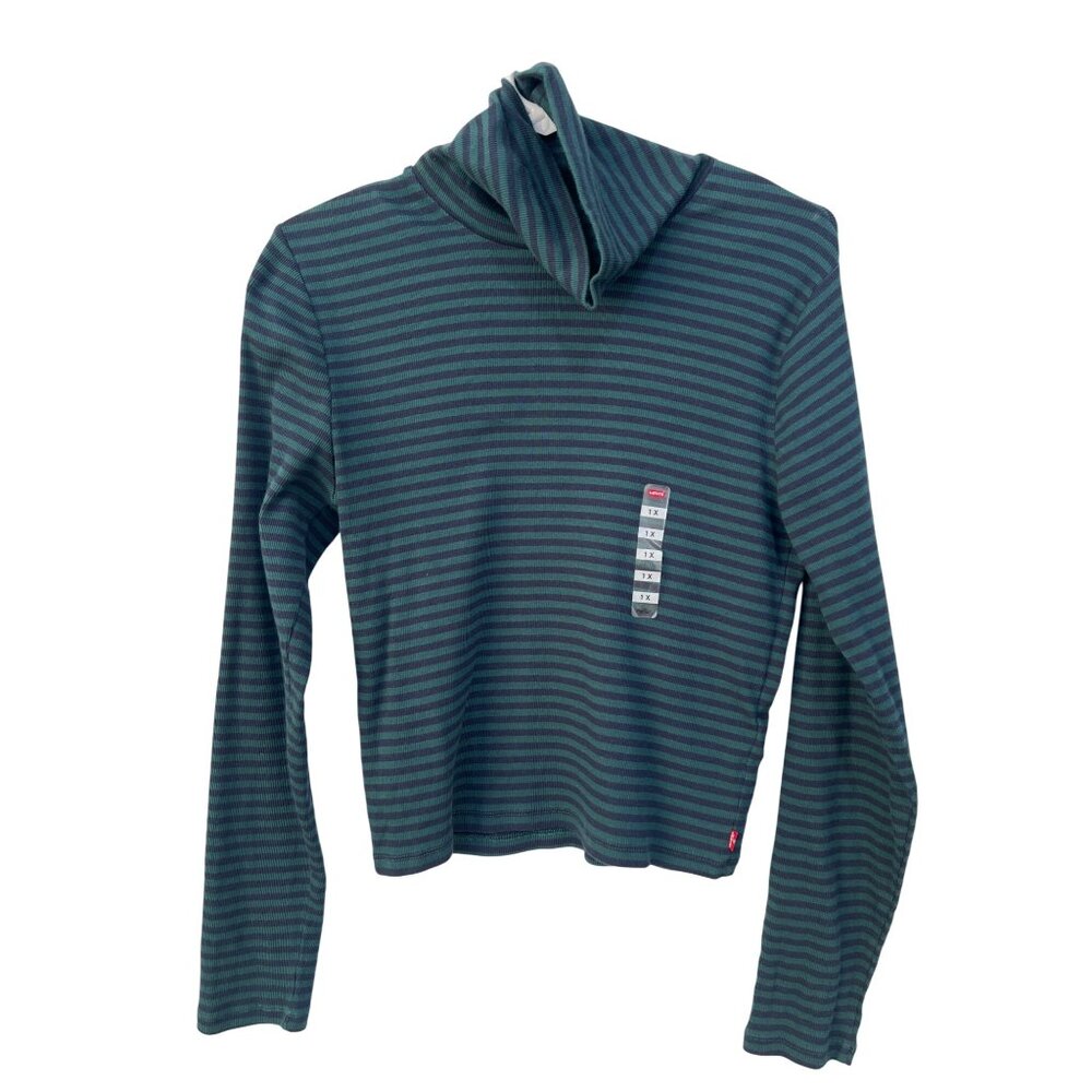 Levis Striped Turtleneck Pullover Top Womens 1X Long Sleeve Green Navy Cozy NEW